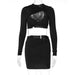 Women Clothing Autumn Sexy Hollow Out Cutout out Long Sleeve Top Slim Skirt Set-Black-Fancey Boutique