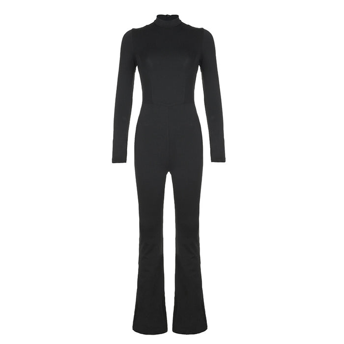Color-Black-Sexy Wind Black Stand Collar Slimming Slim Fit Waist Tight Casual Pants Fashionable All Match Sports One Piece Trousers-Fancey Boutique