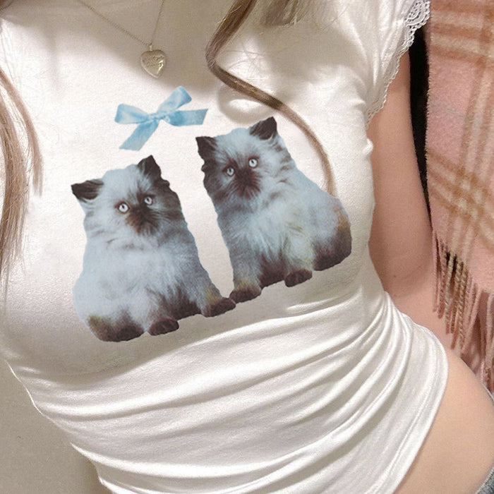 Sweet Cute Cat Bow Print Lace Ruffled Short Sleeves Girlish Slim Fit T shirt-Fancey Boutique