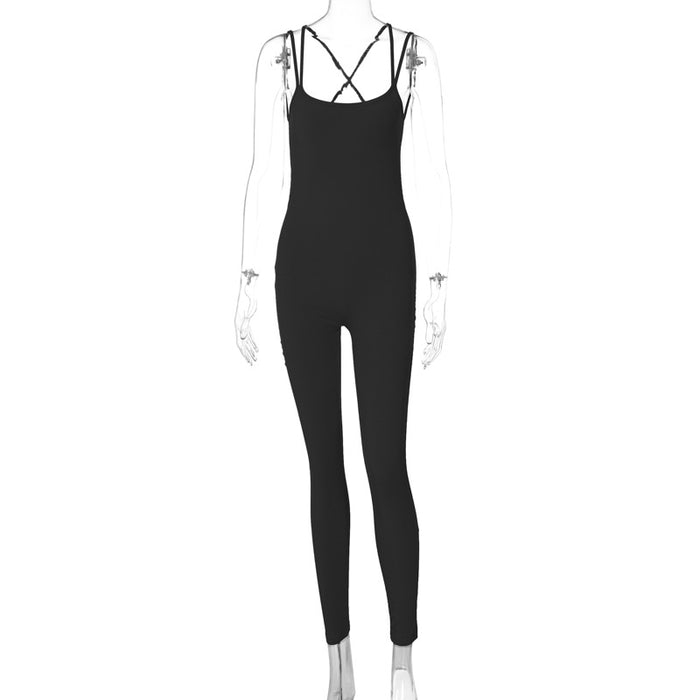 Color-Black-Winter Women Clothing Solid Color Rib Sexy Backless Slim Fit Sports Jumpsuit-Fancey Boutique