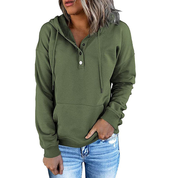 Color-Army Green-Women Clothing Long Sleeve Loose Casual Hooded Drawstring Pocket Hoodie-Fancey Boutique