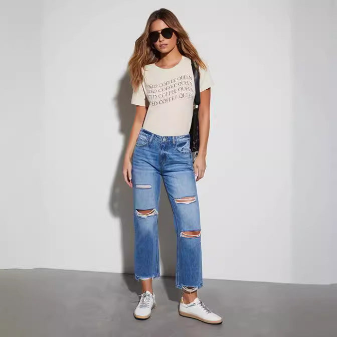 Summer Slimming Cotton High Waist Straight Cropped Jeans-Fancey Boutique