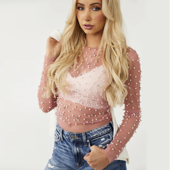 Color-Pink-【MOQ-5 packs】 Spring Summer Women Clothes Bubble Beads Big Diamond See Through Mesh Tops Women-Fancey Boutique
