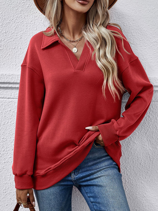 Color-Red-Women Clothing Autumn Winter Winter Polo Collar Long Sleeve Loose Fitting Fleece Pullover Women-Fancey Boutique