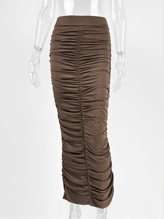 Spring Summer High Waist Ruched Skirt Sexy Tight Back Slit Midi Skirt-Coffee-Fancey Boutique