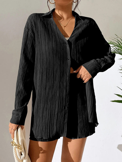 Color-Black-V neck Shirt Long Sleeve Shorts Casual Pleated Texture Women Suit-Fancey Boutique