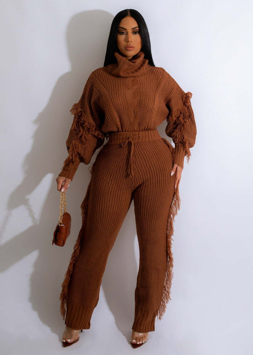 Color-Brown-2-Women Clothing Casual Solid Color Knitted Long Sleeve Turtleneck Tassel Suit-Fancey Boutique