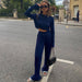 Early Autumn Chanel Long Sleeve T shirt Two Piece Slim Blue Pleated Wide Leg Trousers Suit-Fancey Boutique