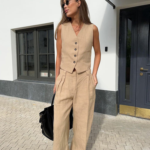 Solid Color Cotton Linen Office V neck Vest Trousers Two Piece Summer All-Matching Casual Set Women-Khaki-Fancey Boutique