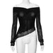 Color-Black-Sexy Irregular Asymmetric Design off Neck Long Sleeve Mesh Patchwork Top Women Spring Summer-Fancey Boutique