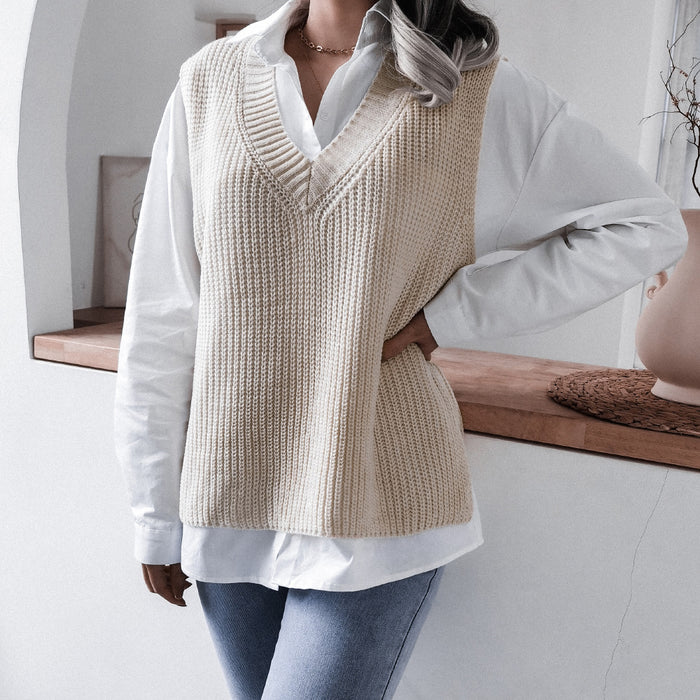 Color-Apricot-Autumn Winter V-neck Casual Loose Knitted Sweater Vest Jacket Women Clothing-Fancey Boutique