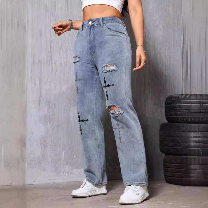 Retro Distressed Blue Straight Leg Denim Women Trousers Printed Ripped Street Fashionable Summer-Fancey Boutique