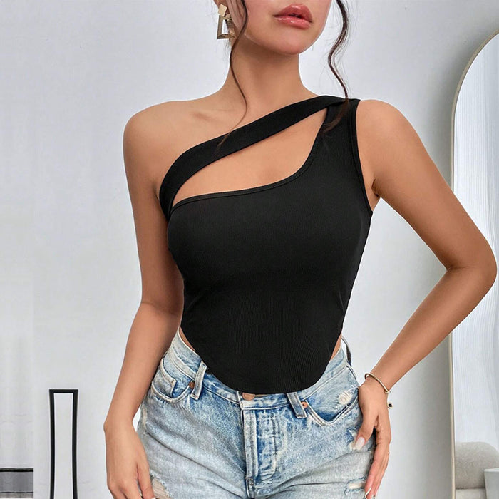 Color-Women Clothing Slim Fit Ultra Short Irregular Asymmetric Hem Shoulder Wrapped Chest Vest Hollow Out Cutout Top-Fancey Boutique