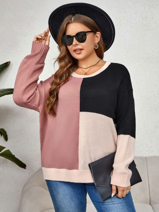 Color-Pink-Plus Size Autumn Winter round Neck Color Matching Thick Casual Sweater-Fancey Boutique