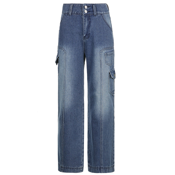 Women Clothing Multi Pocket Open Line Loose High Waist Denim Casual Straight Leg Trousers Summer-Blue-Fancey Boutique