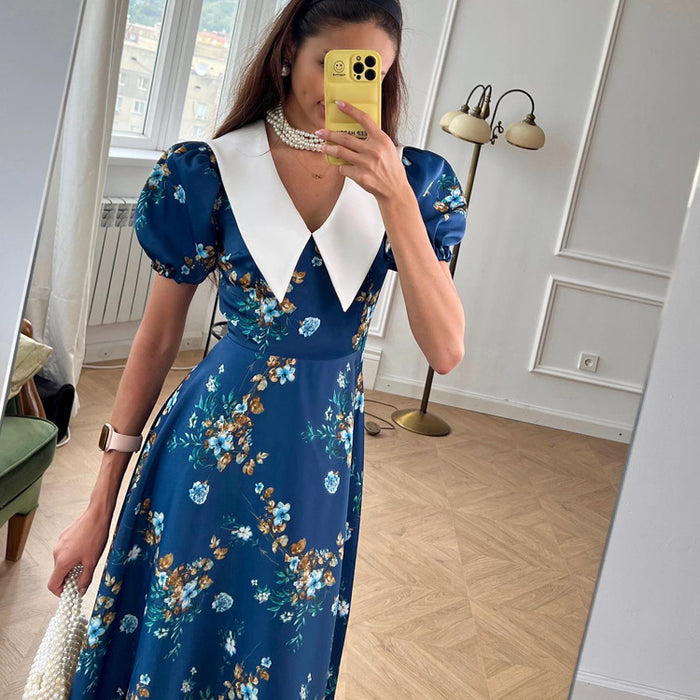 French Spring Autumn Peter Pan Collar Short Sleeve Dress Women Blue Floral Slimming High End Exquisite First Love Dress-Fancey Boutique