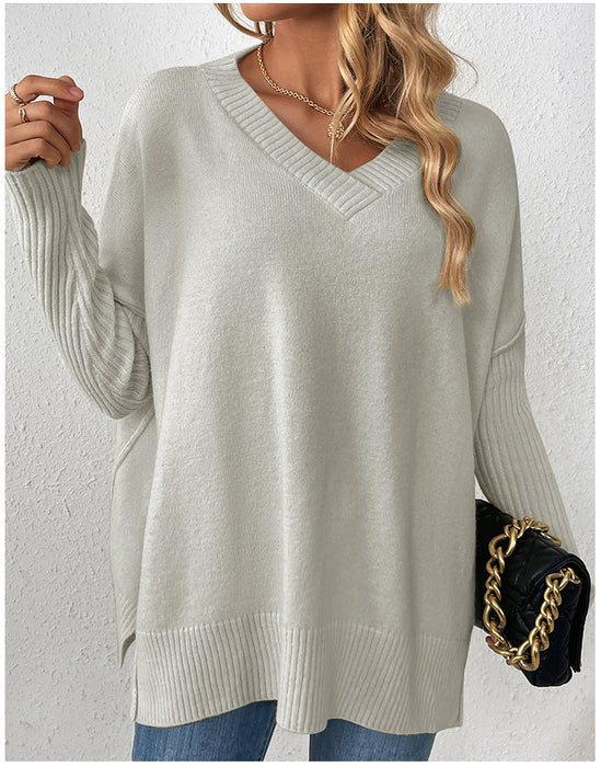 Color-Light Gray-Autumn Winter Pullover Sweater Idle V neck Casual Stitching Long Sleeved Sweater for Women-Fancey Boutique