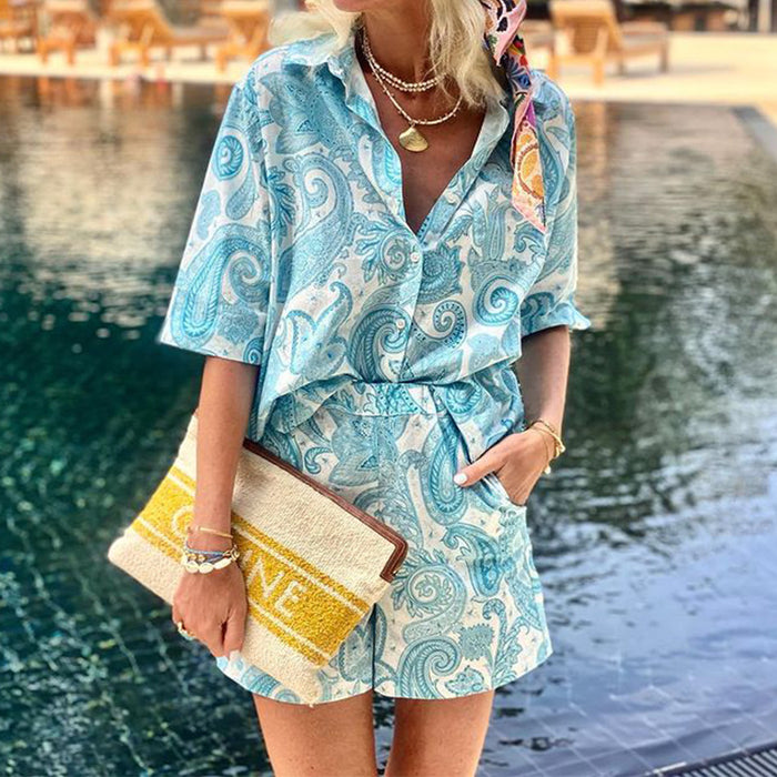 Summer Women Print Holiday Short Sleeved Shirt Shorts Two Piece Sets-skyblue-Fancey Boutique