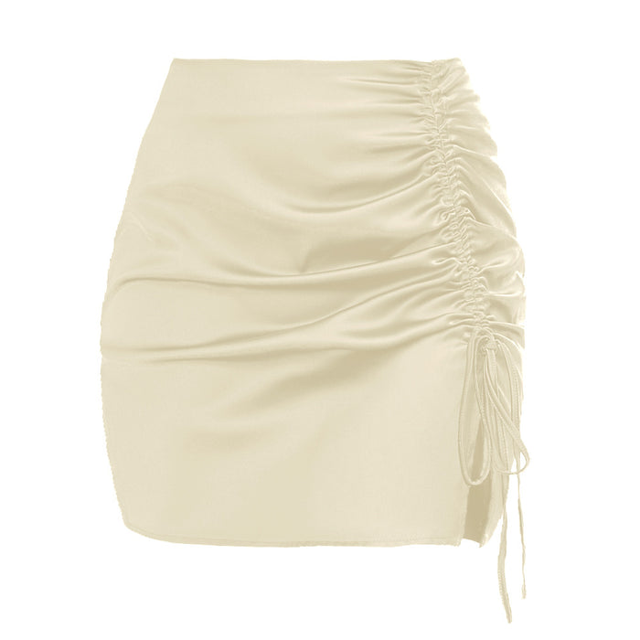 Color-Ivory-Solid Color Pleating Hip Skirt Sexy High Waist Zipper Satin Skirt Women Summer Women Clothing-Fancey Boutique