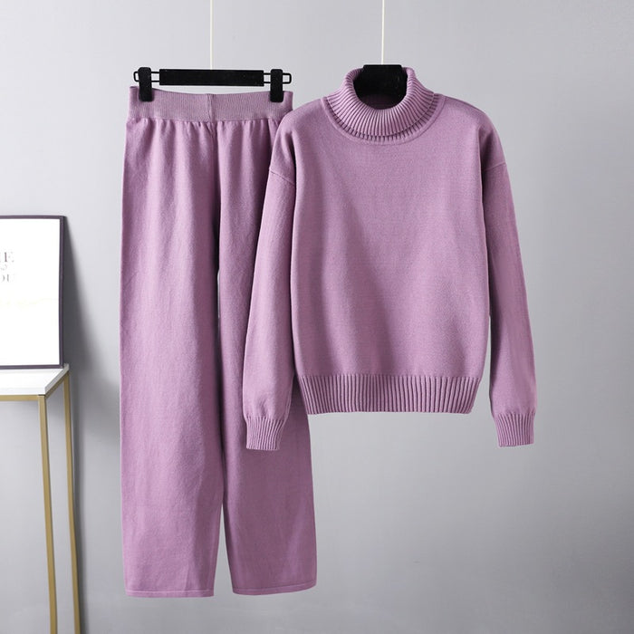 Color-Purple-High Collar Suit Autumn Winter Solid Color All Matching Outer Wear Knitted Top Casual Pants Two Piece Set-Fancey Boutique