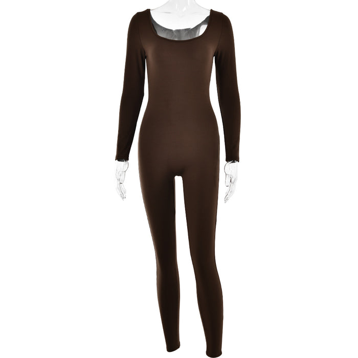 Color-Coffee-Sexy Soft High Elastic Long Sleeve Tights U Collar Stitching Trousers Jumpsuit-Fancey Boutique