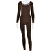 Color-Coffee-Sexy Soft High Elastic Long Sleeve Tights U Collar Stitching Trousers Jumpsuit-Fancey Boutique