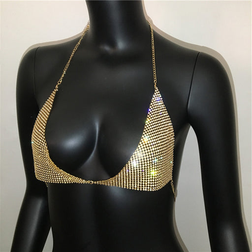 Color-Gold-Women Clothing Body Cha Exaggerated Rhinestone Bikini Chest Necklace Sexy Nightclub Halter Spaghetti Straps Bra-Fancey Boutique