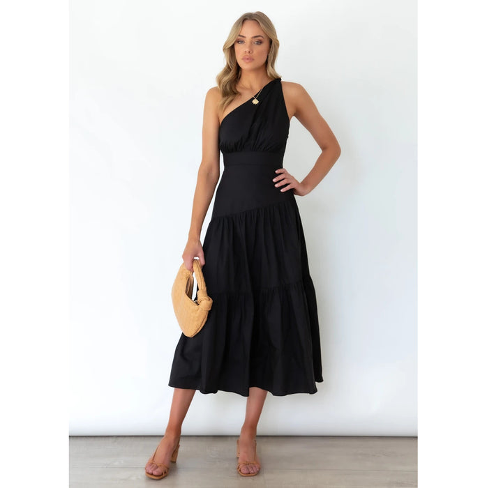 Color-Black-Spring Summer One-Shoulder Knotted Solid Color Fresh Long Sweet Dress-Fancey Boutique