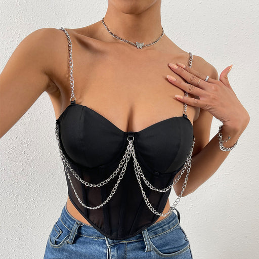 Color-Black-Summer Street Sexy Mesh See through Deep V Plunge Irregular Asymmetric Steel Ring Boning Corset Backless Chain Sling-Fancey Boutique