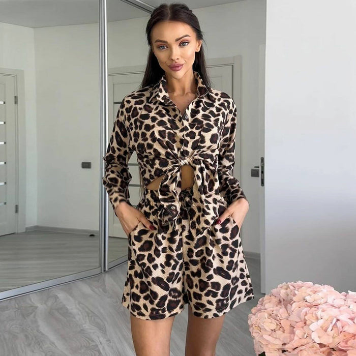 Summer Women Leopard Print Long Sleeve Cardigan Shirt Women Shorts Women Two Piece Set-Fancey Boutique