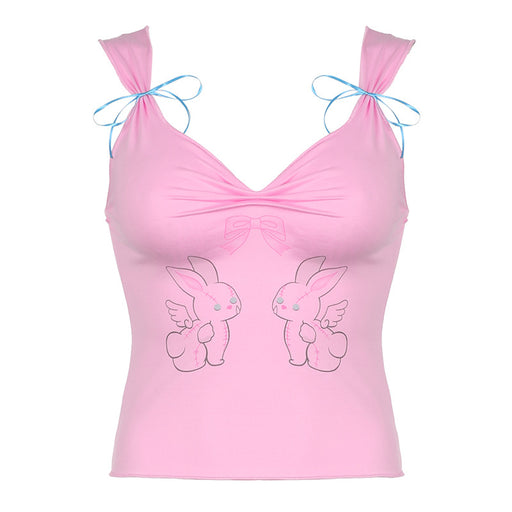 Color-Pink-Ballet Rabbit Bow Sweet Vest Girl Age Reducing Pleated V neck Sling Slim Fit Sexy Top-Fancey Boutique