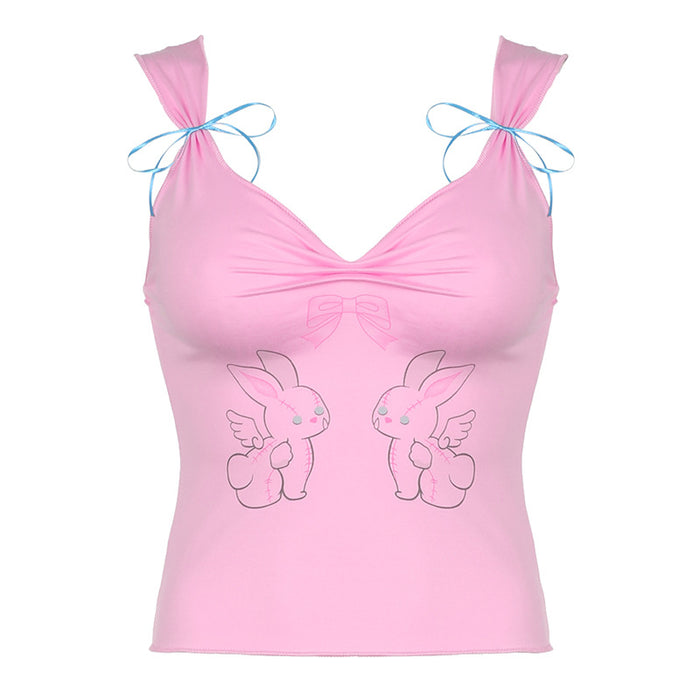 Color-Pink-Ballet Rabbit Bow Sweet Vest Girl Age Reducing Pleated V neck Sling Slim Fit Sexy Top-Fancey Boutique