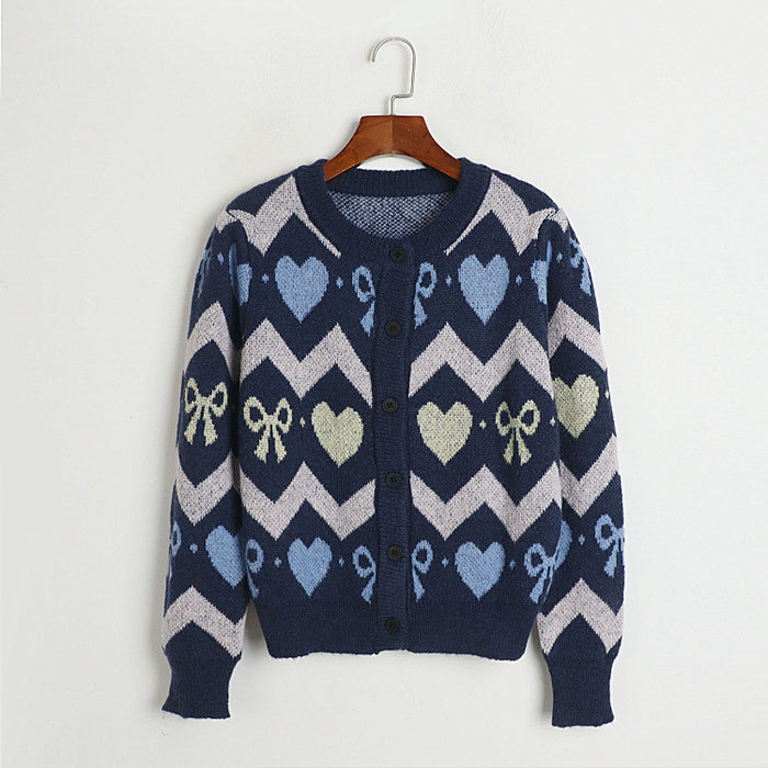 Color-Sapphire Blue-Heart Shaped Bow Brocade Sweater Autumn Winter Korean Loose Round Neck Single Breasted Sweater Women-Fancey Boutique