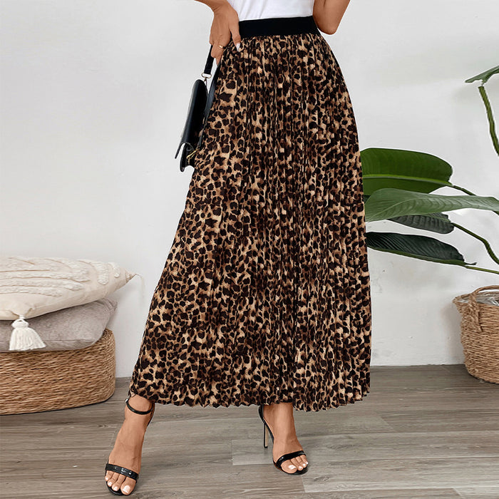 Solid Color Pleated Skirt Office Pleated Leopard Print Stud for Autumn Winter Skirt-Red Coffee Color-Fancey Boutique