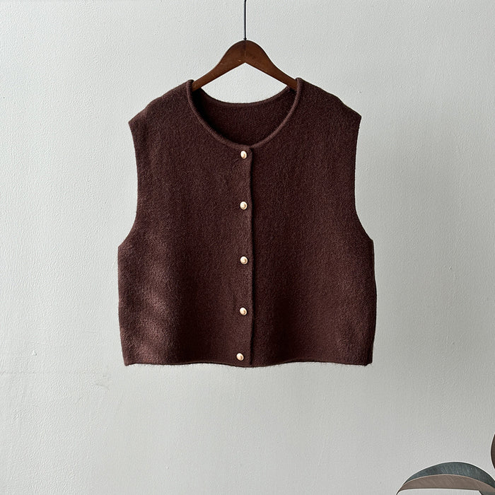 Gentle Single Breasted round Neck Knitted Vest Women Winter Loose Waistcoat Top-Coffee-Fancey Boutique