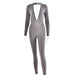 Color-Gray-Autumn Deep V Plunge neck Long Sleeved Leggings Women Sexy Backless Tight Jumpsuit-Fancey Boutique