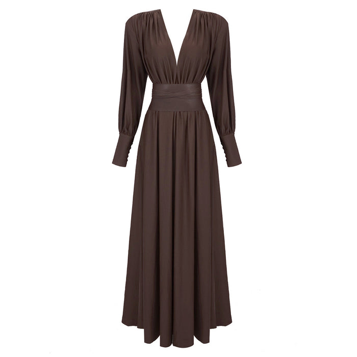 Color-Coffee-Spring Summer Chocolate Design Waist Seal Pleated Dress Brown Women Dress-Fancey Boutique