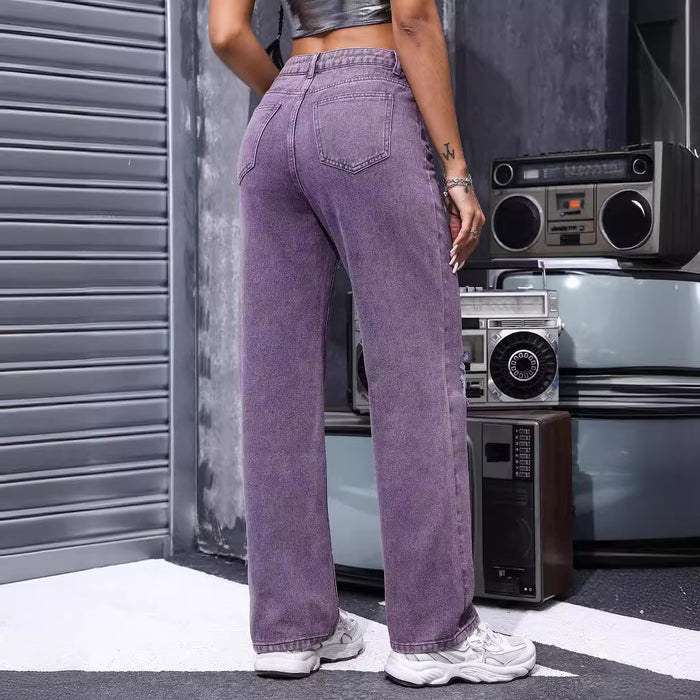Summer Women Denim Straight Jeans Ripped Distressed Retro Trends Slimming Purple-Fancey Boutique