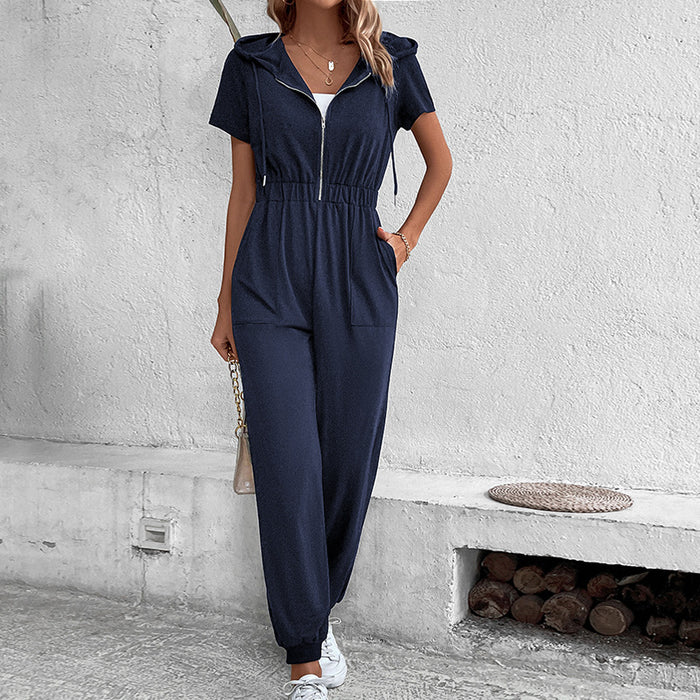 Color-Purplish blue-Summer Women Clothing Hooded Work Clothes Solid Color Jumpsuit-Fancey Boutique