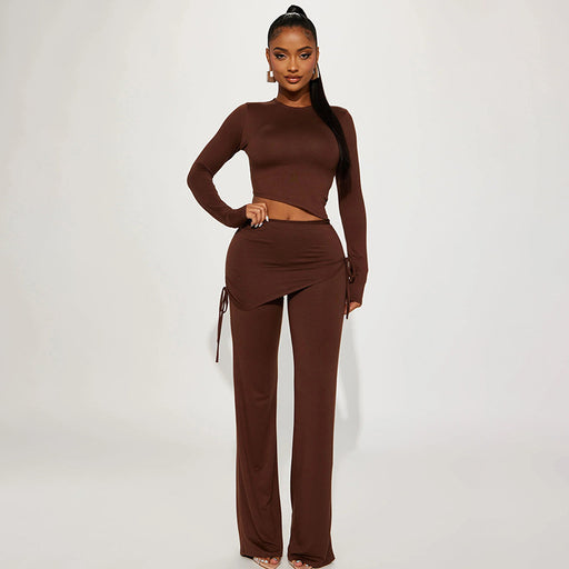 Color-Basic Bevel Irregular Asymmetric Bottoming Top Drawstring Flared Culottes Casual Suit-Fancey Boutique