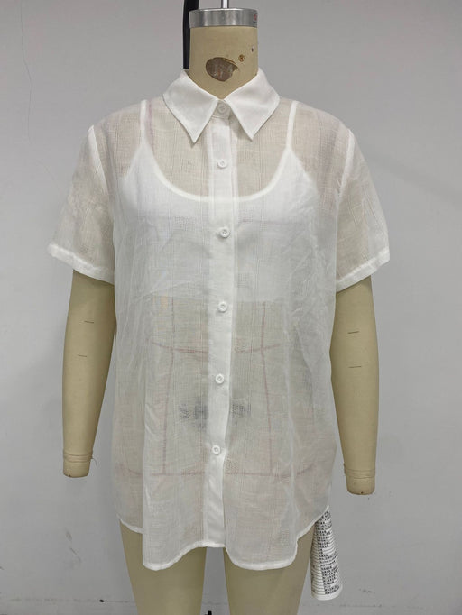 Women Clothing Summer Tie Dyed Slim Shirt Collar Short Sleeve Women Shirt-Ivory-Fancey Boutique