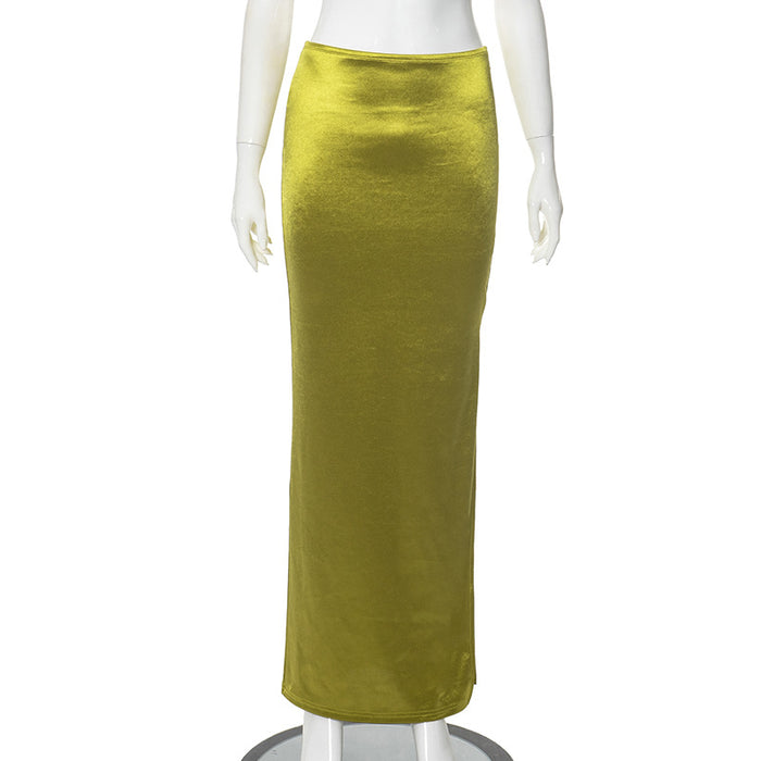 Women Summer Solid Color Personalized Bright Slit Slim Fitting Sheath Long Skirt-Dark Yellow-Fancey Boutique