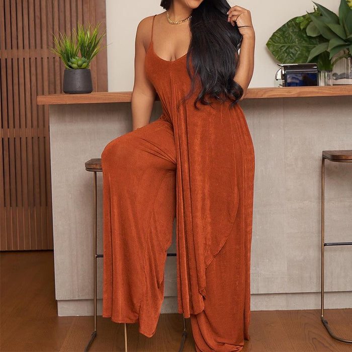 Color-Orange-Summer Women Clothing Personalized Strap Top Loose Wide Leg Pants Set-Fancey Boutique