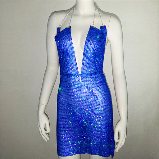 Women Clothing Popular Metal Rhinestone Dress Sexy Party Nightclub Halter Dress Women-Sapphire Blue-Fancey Boutique