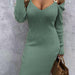 Color-Army Green-Autumn Women Thread Waist-Controlled Long Sleeves Knitted Sheath Dress-Fancey Boutique