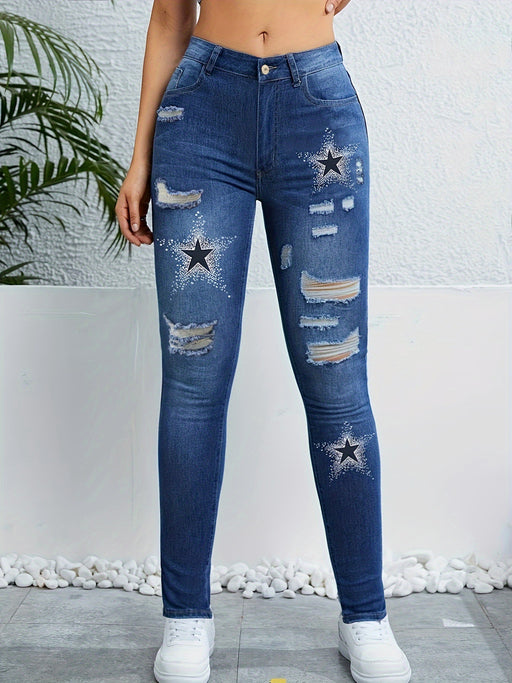 Spring Summer Holes Cut Rotten Contrast Color Printed Denim Skinny Denim Trousers-Blue-Fancey Boutique