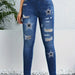 Spring Summer Holes Cut Rotten Contrast Color Printed Denim Skinny Denim Trousers-Blue-Fancey Boutique