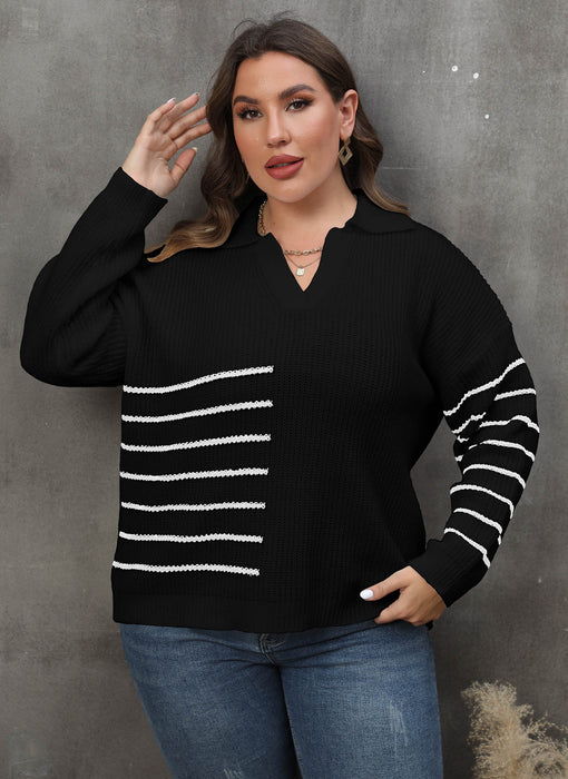 Color-Black-Women Pullover Woven Shirt plus Size Women Clothes Autumn Winter Color Contrast Patchwork Striped Polo Collar Sweater-Fancey Boutique