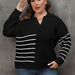 Color-Black-Women Pullover Woven Shirt plus Size Women Clothes Autumn Winter Color Contrast Patchwork Striped Polo Collar Sweater-Fancey Boutique