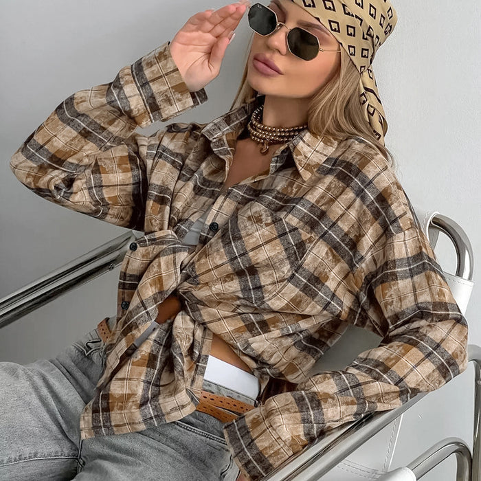 Classic Retro Cotton Long Sleeve Loose Plaid Shirt Autumn Pocket Plaid Shirt Casual Women Clothing